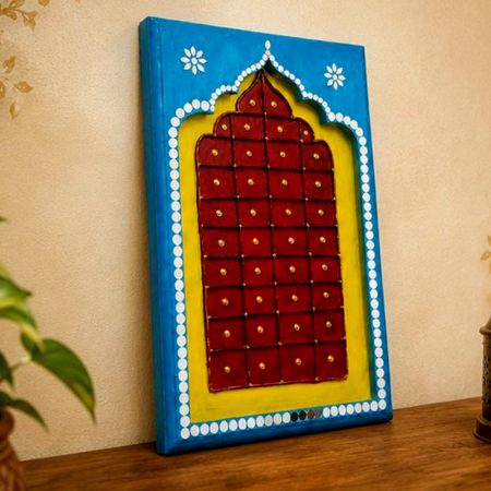 Handcrafted MDF Jharokha Wall Art in Blue Red and Yellow